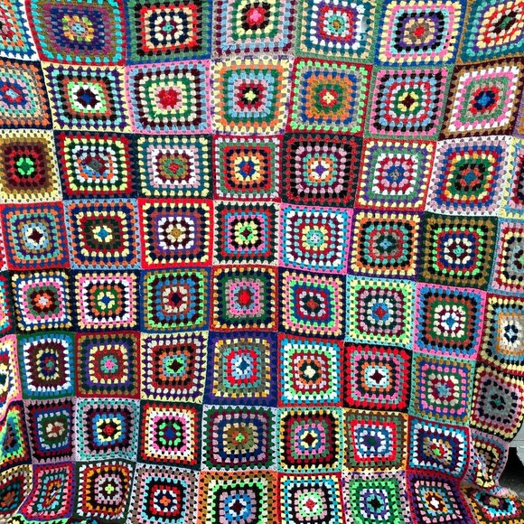 Handmade Granny Square Queen Blanket Multi-Color Crochet Throw 97" X 107" Afghan - Picture 3 of 6